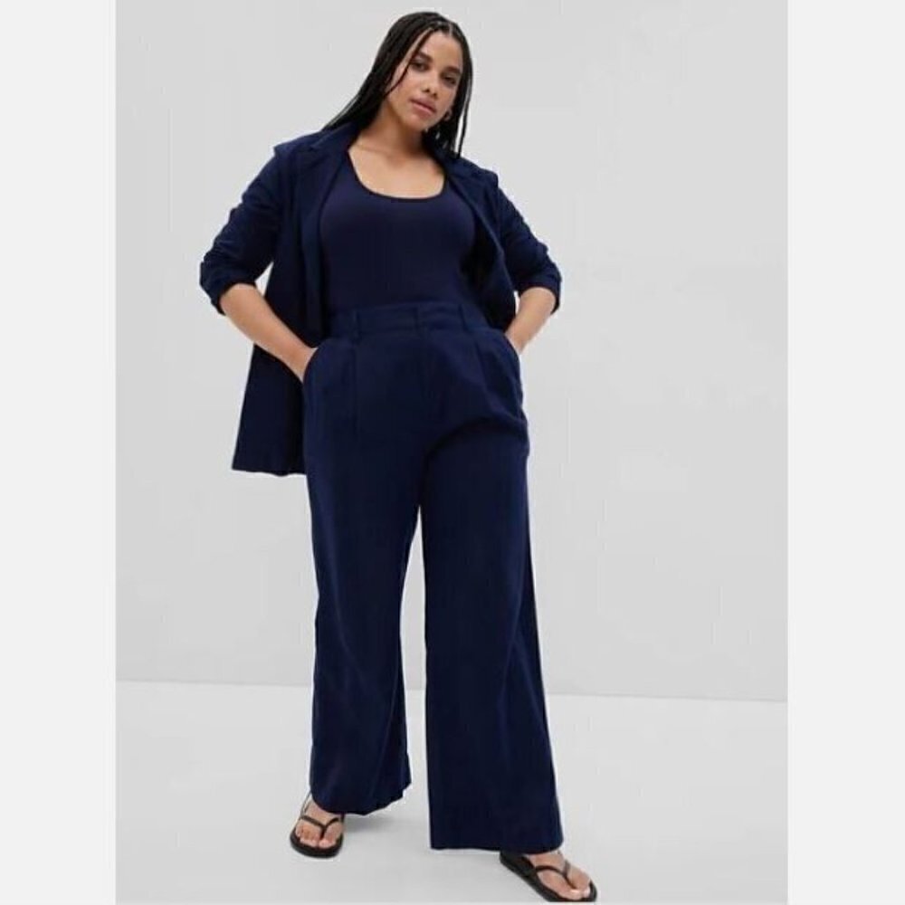 GAP High Rise Pleated Linen Cotton Wide Leg Navy Blue Pants 12 PETITE NWT RT$90